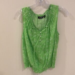 A.N.A green petite M sleeveless top nice details gathered at collar and waist